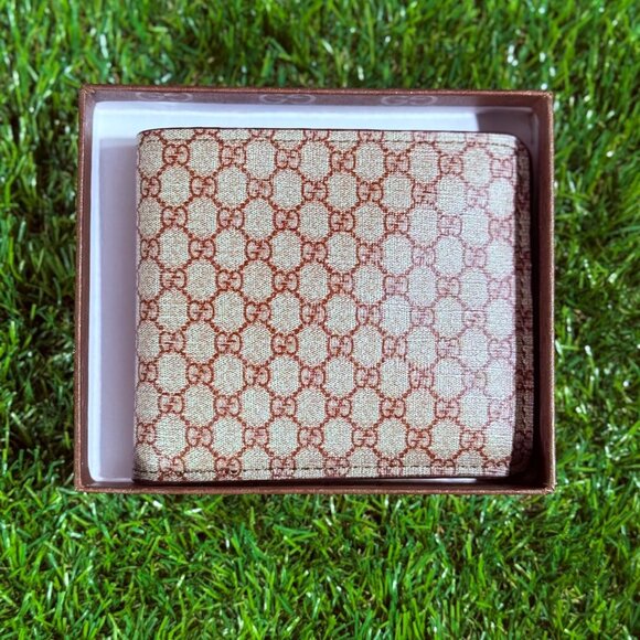 Gucci Web Bi-Fold Wallet In Beige Canvas and Brown Leather Trim - Picture 2 of 5